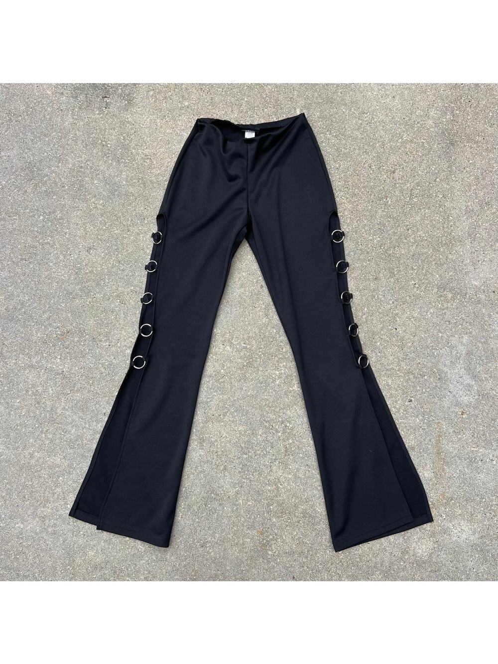 VTG 90s Y2K Forbidden Club Stretchy Black Boot Flare Pants Silver Ring Side S